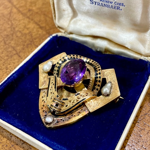 Antique Victorian 14k Yellow Gold Natural Amethyst Pearl Black Enamel Brooch - Picture 4 of 11